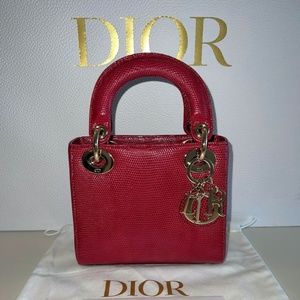 New Authentic Christian Dior Red Mini Lady Dior Lizard Bag Purse